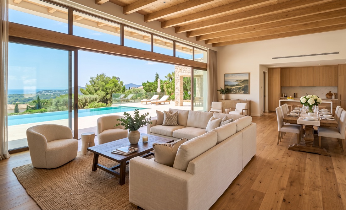 A spacious vacation rental living area cleaned and styled for guests